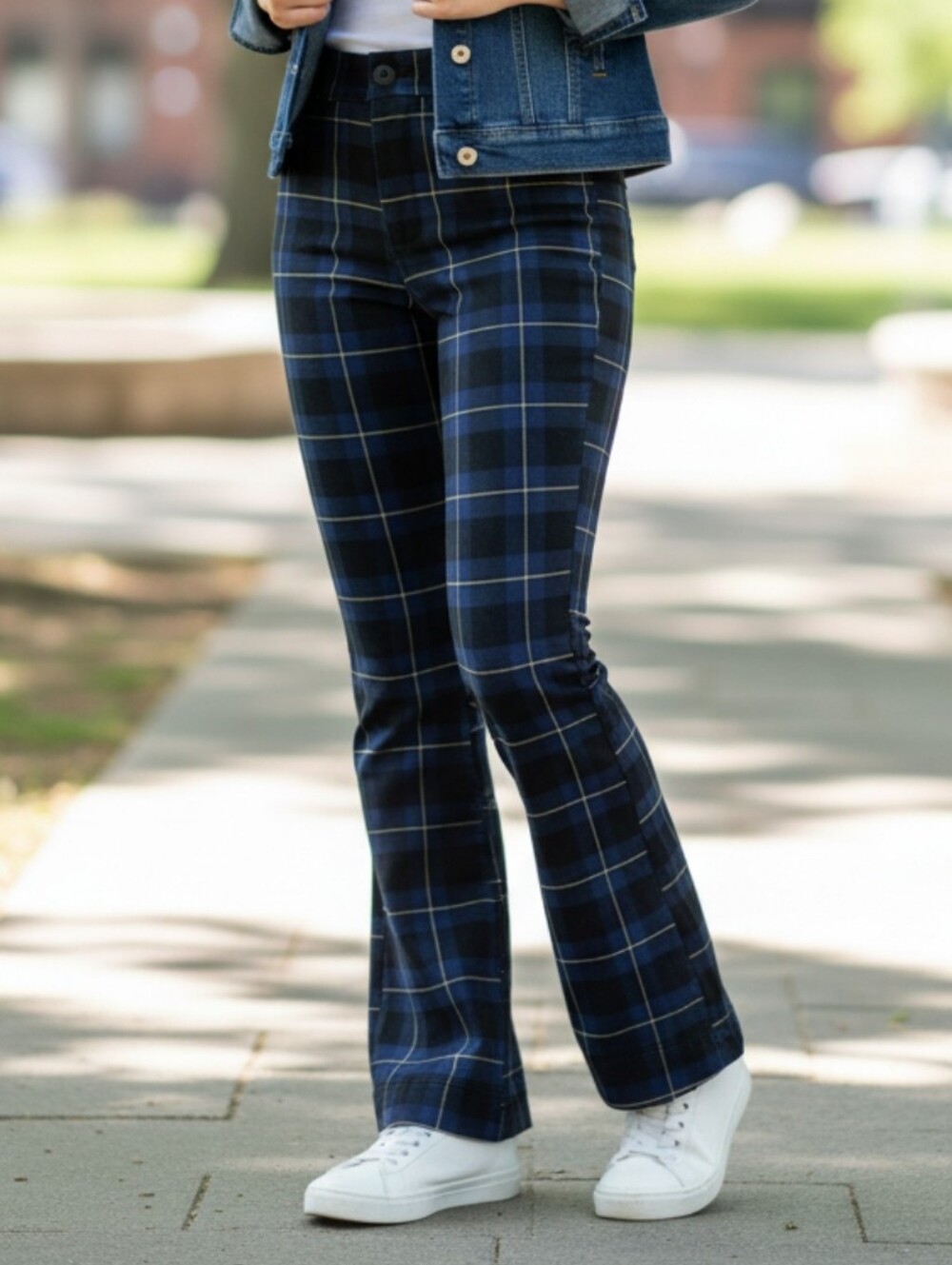 Younique Navy, Black & Yellow Plaid Wide-Leg Jeans